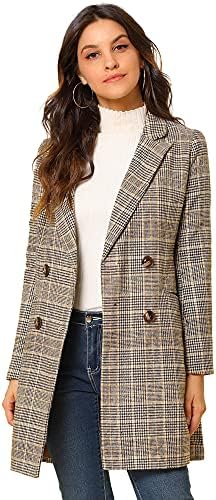 Allegra K Kadın Kruvaze Çentikli Yaka Ekose Trençkot Blazer Ceket