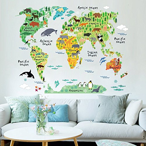 RRRLJL çeşitli hayvanlar dünya haritası duvar çıkartmaları Sticker çocuk odası ev dekorasyon için