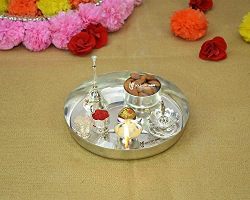 GoldGiftİdeas 7 İnç Gümüş Kaplama Pooja Thali Seti, Pooja Thali Dekoratif Tabak, Düğün için İade Hediyesi