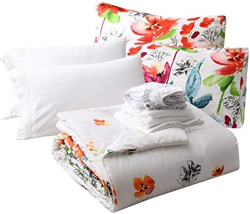 SexyTown 8-Piece Bed-in-A-Bag King Size, Kabarık Aşağı Alternatif Yorgan, Çiçek Yaprak Beyaz Komple Yatak Seti (Yorgan, 2 Yastık