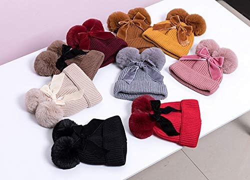 Yuemengxuan Sevimli Bebek Kız Erkek Kış Örme Bere Bobble Şapka Çift Ponpon Yay Sıcak Kalın Şapka Çocuklar Çocuklar için