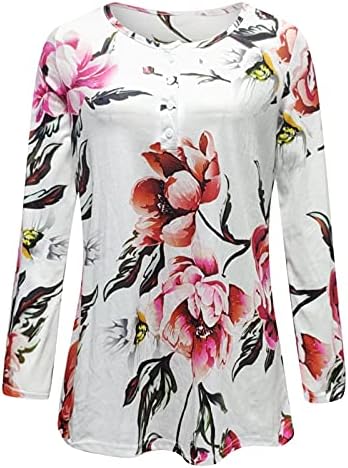 Kadınlar için uzun kollu baskılı yuvarlak boyun düğme kazak T-Shirt üst rahat gevşek bluz