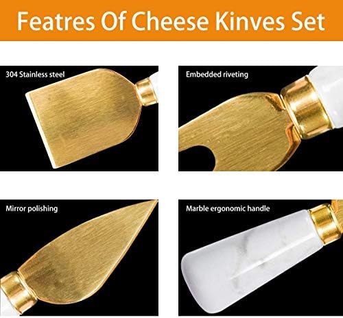 Mermer Saplı 4 Adet Altın Peynir Bıçağı Serpme Seti, Mermer Peynir Tahtası için Sevimli Peynir Bıçakları Kesici Dilimleyici,