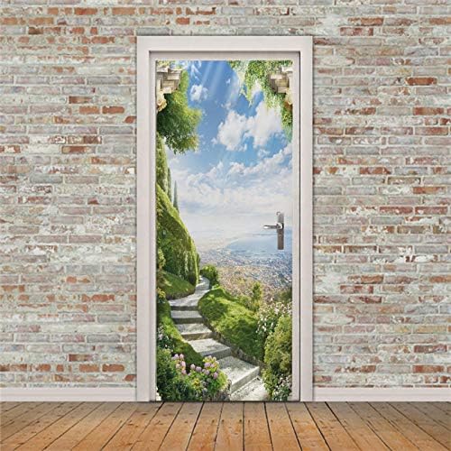 LuSeven Duvar Kağıdı Mavi Gökyüzü Yeşil Bitkiler 90x215 cm (35.43 inç * 84.64 inç) Kapı Çıkartmalar Kendinden Yapışkanlı Kapı