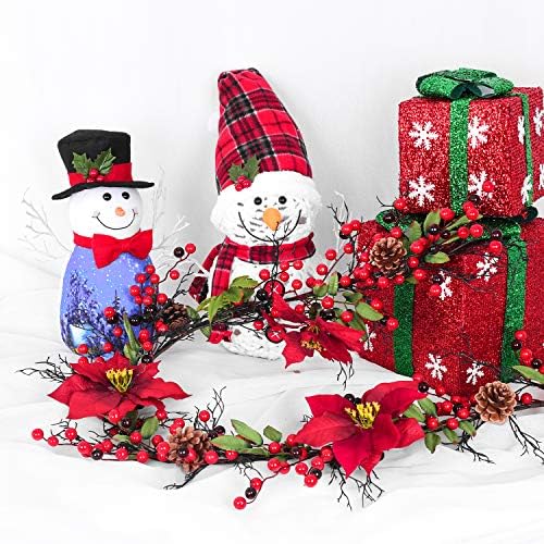 Artiflr Berry Noel Çelenk, Kırmızı Meyveler ve Holly Yaprakları ile 5.3 Ft Yapay Poinsettia Çelenk, çam kozalağı Çelenk Noel