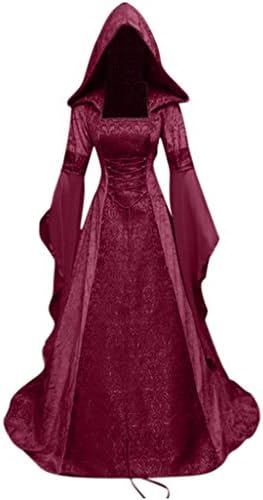 SHOPESSA Womens Ortaçağ Elbise Cadılar Bayramı Cadı Cosplay Kostüm Uzun Kollu Kat Uzunluk viktorya dönemi tarzı elbise ıle Hood