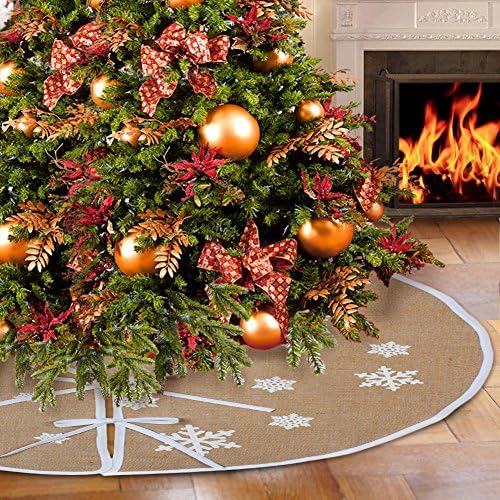 OurWarm Çuval Bezi Noel Ağacı Etek 48 İnç Rustik Ağacı Etek Beyaz Kar Tanesi Baskılı Vintage Noel Süslemeleri