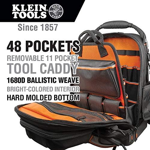 Klein Tools 55485 Alet Çantası Sırt Çantası, El Aletleri için 48 Cepli Dayanıklı Elektrikçi Sırt Çantası, Su Geçirmez Alt, Çıkarılabilir