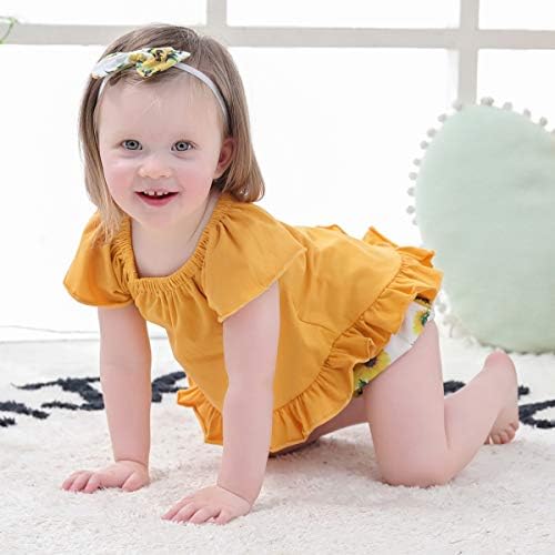 CARETOO 3 Adet Bebek Kız Giysileri Kıyafetler Set, Kız Kısa Kollu Üst Ayçiçeği Kısa Pantolon ile Kafa Bandı