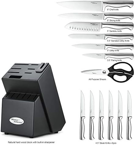 Marco Badem KYA28 Bıçak Setleri, 14 Parça Paslanmaz Çelik Çatal Mutfak Bıçak Seti ile Blok, Hollow Kolu Kendini Bileme Bıçak