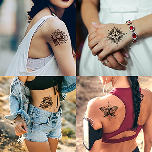 32 Yaprak Siyah Kına Geçici Dövmeler Yetişkinler için Kadın Kızlar, tüy Mandala Çiçek Vücut Sanatı Büyük Büyük Kol Dövmeler Levha