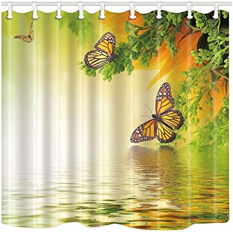 APRMAYST Sarı Kelebek Duş Perdesi, Yeşil Bitkiler ve Vahşi Çiçek, bahar Doğa Manzara Zen Banyo Dekor Set Polyester Kumaş 71x71