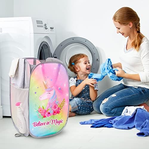 Basumee Unicorn Pop Up Çamaşır Sepeti Bebek Kız Çamaşır Sepetleri Katlanabilir Örgü Kirli Giysiler Sepet Katlanabilir Depolama