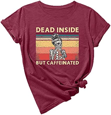 Bayan Cadılar Bayramı Tops Sevimli İskelet Baskılı Gömlek Cadılar Bayramı Kısa Kollu Grafik Tees Güz Gotik Ekip Boyun T-Shirt