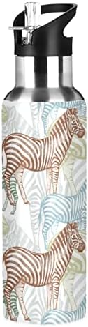 Oarencol Renkli Zebra Hayvanlar Beyaz Su Şişesi Paslanmaz Çelik Vakum Yalıtımlı Saman Kapaklı 20 Oz