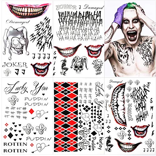 5 Büyük Yaprak Joker Dövmeler, Joker Geçici Dövmeler gelen Harley Quinn Joker İntihar Kadro - Cadılar Bayramı için Mükemmel,